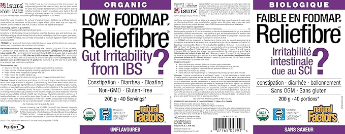Natural Factors Organic Low FODMAP Reliefiber, Digestive Fiber Powder, Unflavored, 5.3 Oz