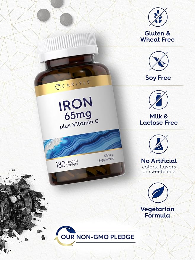 Carlyle Iron Supplement 65 mg with Vitamin C | 180 Tablets | 300mg of Vitamin C | Vegetarian, Non-GMO and Gluten Free