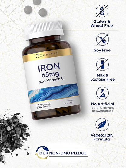 Carlyle Iron Supplement 65 mg with Vitamin C | 180 Tablets | 300mg of Vitamin C | Vegetarian, Non-GMO and Gluten Free