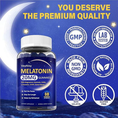 Melatonin 20mg Gummies for Adults - Max Strength Melatonin Gummy Supplement with Magnesium Glycinate, B6, B12, L-Theanine, GABA, 5-HTP & Herbs - Non-Habit Forming, Vegan, Natural Mixed Berry Flavor