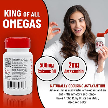 Arctic Ruby Oil - Omega 3 Supplement with Astaxanthin 2mg - Contains Essential Fatty Acids & Antioxidants - Supports Heart, Brain, Eye, Skin, Joint & Immune Health - 60 Softgels (1 Pack)