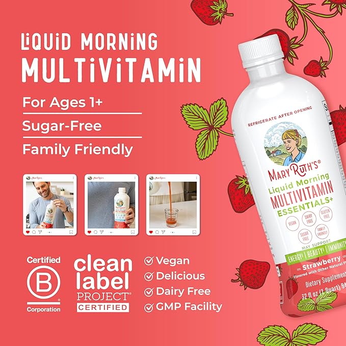 MaryRuth's Liquid Morning Multivitamin Essentials+ | Vitamin A C D E B6 B12 Biotin Zinc | Mens Womens Multivitamin | Immune Support | Beauty | Sugar Free | Vitamins for Ages 1+ | Vegan | 32 Fl Oz