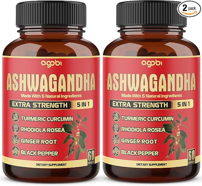 2 Packs - 60 Capsules Ashwagandha Capsules - High Concentrated - 5in1 Formula Ashwagandha, Turmeric, Rhodiola Rosea, Ginger, Black Pepper - 4 Month Supply
