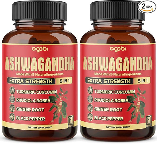 2 Packs - 60 Capsules Ashwagandha Capsules - High Concentrated - 5in1 Formula Ashwagandha, Turmeric, Rhodiola Rosea, Ginger, Black Pepper - 4 Month Supply