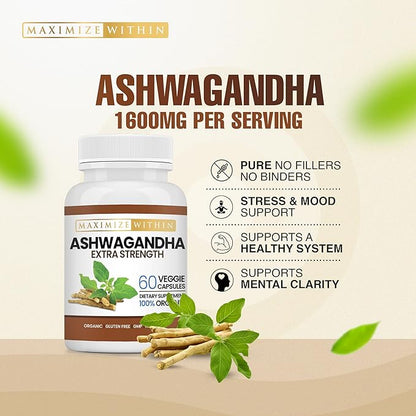 Ashwagandha Root Extra Strength – 60 Vegetarian Capsules – Supports Stress, Mood, and Immune Health – Formulated for Enhanced Absorption – Non-GMO Herbal Supplement