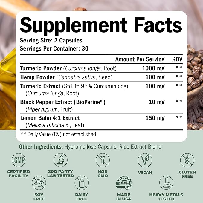 Turmeric Supplement and Hemp Capsules - Turmeric Curcumin with Black Pepper (Bioperine) for Joint, Sleep & Mood Support. Joint Supplements for Women & Men with Tumeric, Hemp & Lemon Balm. 2 Pack