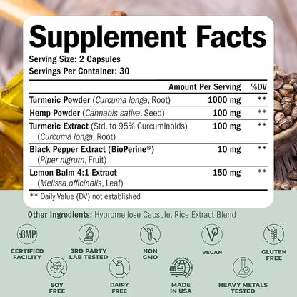 Turmeric Supplement and Hemp Capsules - Turmeric Curcumin with Black Pepper (Bioperine) for Joint, Sleep & Mood Support. Joint Supplements for Women & Men with Tumeric, Hemp & Lemon Balm. 2 Pack