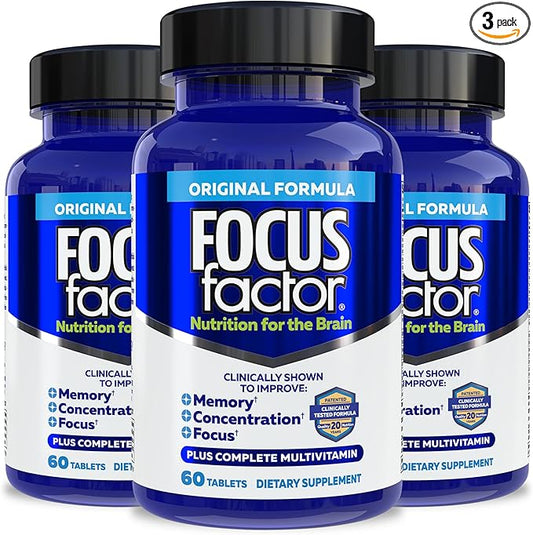 Focus Factor Nutrition for The Brain, Improved Memory & Concentration Supplement, Complete Multivitamin with Vitamins B6, B12, D, Bacopa Monnieri & Tyrosine, Original, 60 Count, Pack of 3