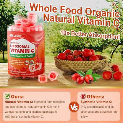Liposomal Vitamin C 1000mg Filled Gummies for Adults & Kids 9+, 1660mg Blend w/Echinacea, Elderberry, D3, Zinc, Iron, Bioflavonoid, Astaxanthin, Natural Organic Chewable Vitamin C, Sugar Free, 2Pack