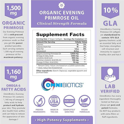 Organic Evening Primrose Oil for Women, Clinical Strength 1500mg per Capsule - 10% GLA, Cold-Pressed, Non-GMO, Hormone Balance for Women, Aceite De Onagra Organico - 120 Vegan Softgel Capsules