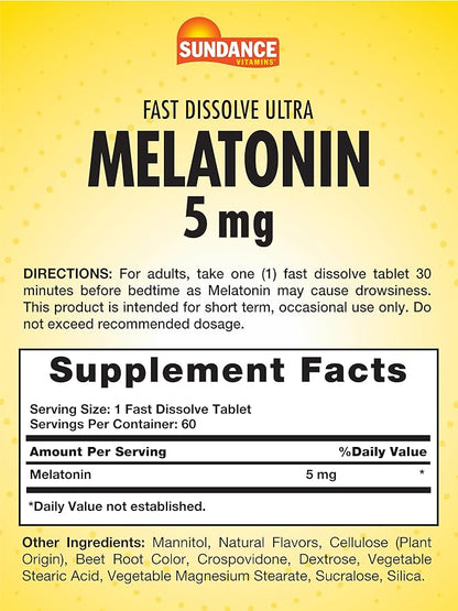 Sundance Melatonin 5mg Fast Dissolve Tablets | 60 Count | Natural Berry Flavor | Vegetarian, Non-GMO, and Gluten Free Supplement