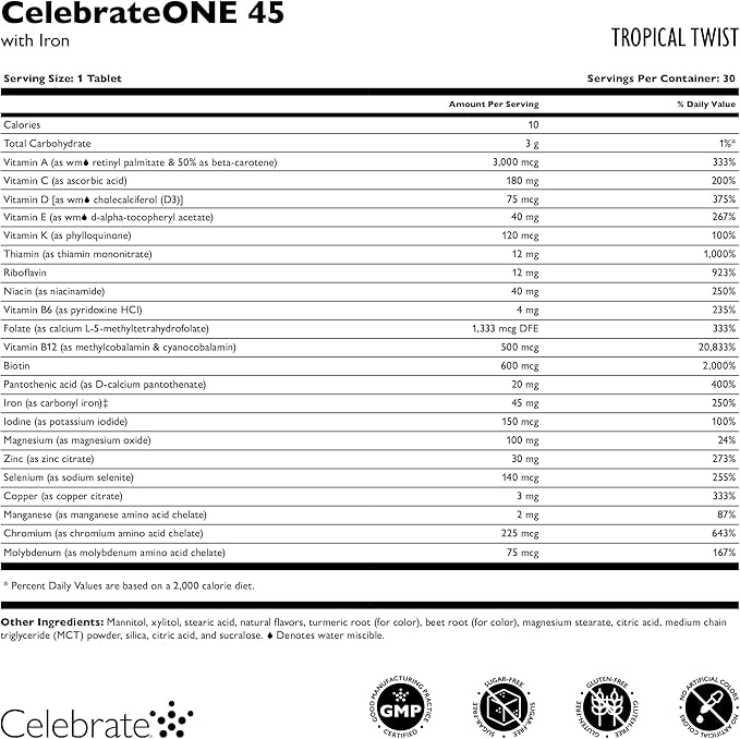 Celebrate Vitamins CelebrateONE 45 Chewables, 45mg Iron - One A Day Bariatric Multivitamin, Essential Vitamins & Minerals - Gastric Bypass & Sleeve Gastrectomy Supplement - Tropical (90 Tablets)