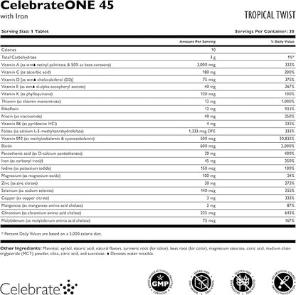 Celebrate Vitamins CelebrateONE 45 Chewables, 45mg Iron - One A Day Bariatric Multivitamin, Essential Vitamins & Minerals - Gastric Bypass & Sleeve Gastrectomy Supplement - Tropical (90 Tablets)