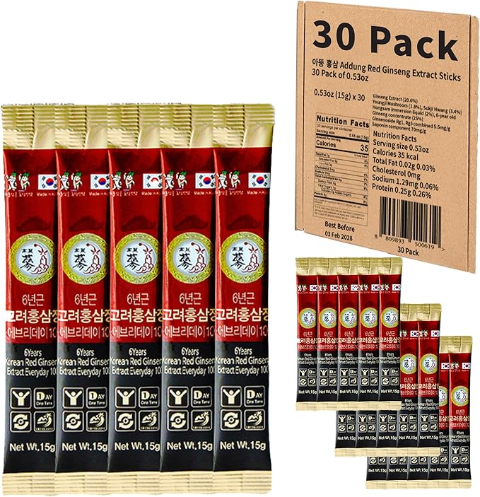 30 Pack of 0.53oz Korean Red Ginseng Extract Sticks - 6-Year-Old Ginseng for Optimal Benefits for You - Daily Upgrade - Perfect for Pre/Post Workout (30 Sticks of 0.53oz)