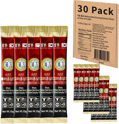 30 Pack of 0.53oz Korean Red Ginseng Extract Sticks - 6-Year-Old Ginseng for Optimal Benefits for You - Daily Upgrade - Perfect for Pre/Post Workout (30 Sticks of 0.53oz)