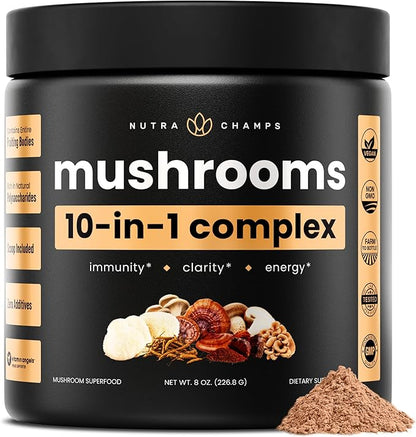 NutraChamps Organic Mushroom Powder - 10-in-1 Complex - Mushroom Supplement Powder Blend for Memory, Focus & Immune Support - 8oz (8.0 OZ, Mushroom Blend)