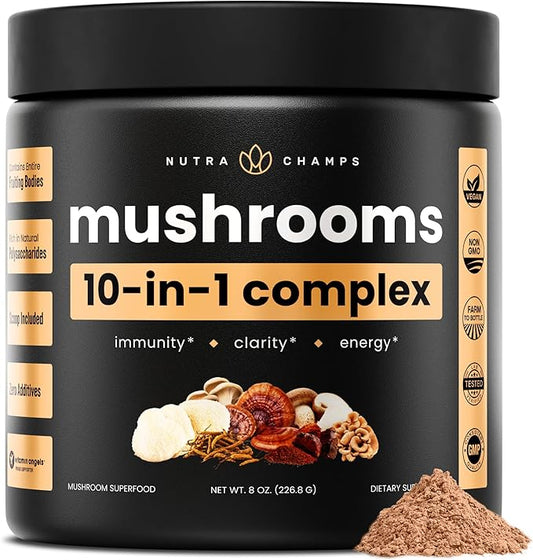 NutraChamps Organic Mushroom Powder - 10-in-1 Complex - Mushroom Supplement Powder Blend for Memory, Focus & Immune Support - 8oz (8.0 OZ, Mushroom Blend)