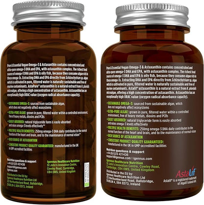 Igennus Vegan Omega-3 Natural Triglyceride Algae Oil, DHA & EPA Fatty Acid Supplement, 180 Small Softgels with Astaxanthin, Easy-to-Swallow, Pure & Sustainable, 90 Servings