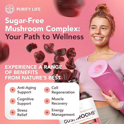 Sugar-Free Mushroom Complex Gummies - Potent 10x Mushroom Supplement with Lions Mane, Chaga, Reishi, Cordyceps Natural Stress Support, Calm Gummies, Nootropic Supplement, No Sugar or Pills