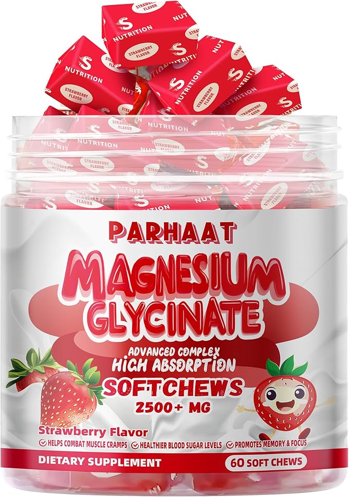 Magnesium Glycinate Soft Chews, Strawberry Flavor.Chewable Sugar Free Potassium Magnesium Chews with Magnesium Glycinate, Vitamin D, B6, and CoQ10 for Calm Support & Sleep for Adults, 60 Days Supply