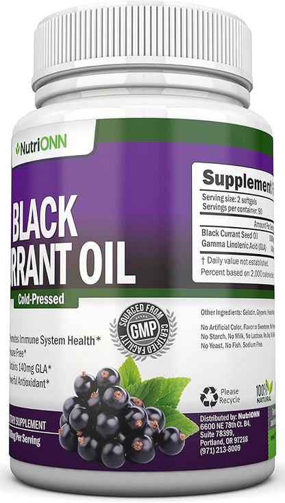 Black Currant Oil - 1000 Mg - 180 Softgels - Cold-Pressed Pure Black Currant Seed Oil - Hexane Free - 140mg GLA Per Serving - Regulates Hormonal Balance - Great for Immune System, Hair and Skin