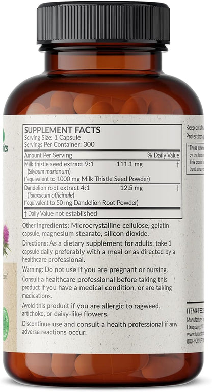 Futurebiotics Milk Thistle Silymarin Marianum & Dandelion Root Liver Health Support, Antioxidant Support, Detox, 300 Capsules