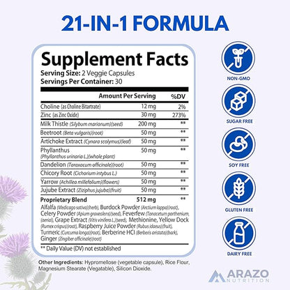Arazo Nutrition Liver Cleanse Detox & Repair Formula – Milk Thistle Herbal Support Supplement: Silymarin, Beet, Artichoke, Dandelion, Chicory Root