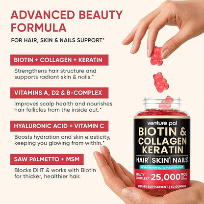 Venture Pal Biotin Gummies with Collagen & Keratin - Hair Growth Support Skin and Nail Strength Vitamins for Women & Men - Biotin 10000mcg | B-Complex | Saw Palmetto - Sugar Free, Non-GMO, 60ct