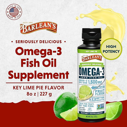 Barlean's Key Lime Pie High Potency Omega 3 Fish Oil Liquid Supplement, 1500mg of EPA& DHA Fatty Acid, Smoothie Flavored & Burpless for Brain, Joint, & Heart Health, 8 oz