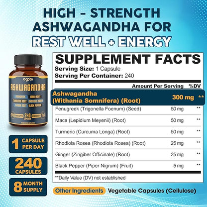 240 Capsules - 8 Month Supply - 7in1 with Fenugreek, Maca, Turmeric, Rhodiola, Ginger, and Black Pepper - Mood, Strength, Spirit and Energy Support Supplement