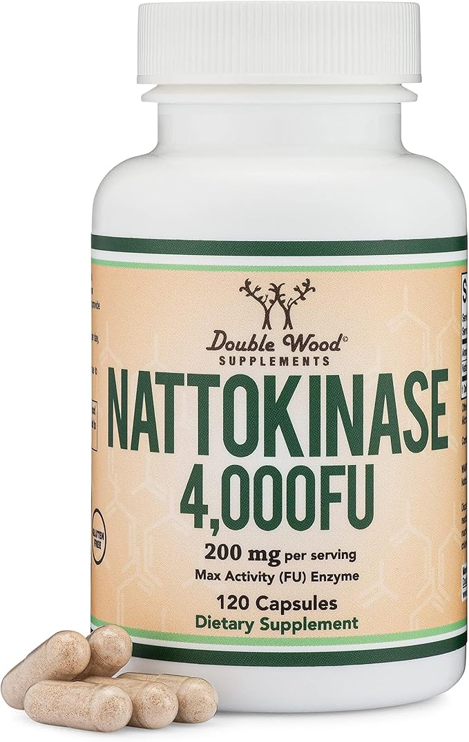Nattokinase Supplement 4,000 FU Servings, 120 Capsules (Derived from Japanese Natto) Systemic Enzymes for Cardiovascular and Circulatory Support by Double Wood