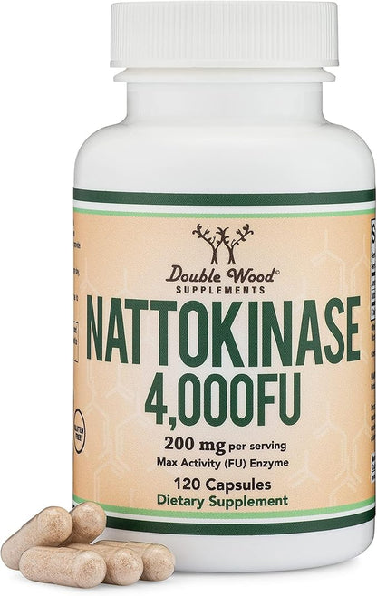 Nattokinase Supplement 4,000 FU Servings, 120 Capsules (Derived from Japanese Natto) Systemic Enzymes for Cardiovascular and Circulatory Support by Double Wood