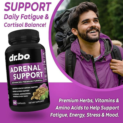 Adrenal Support Cortisol Manager Supplement - Adrenal Fatigue Supplements for Women & Men with Natural Adaptogen Ashwagandha Holy Basil Rhodiola L Tyrosine Complex Fatigue Cortisol Health - 60 Pills