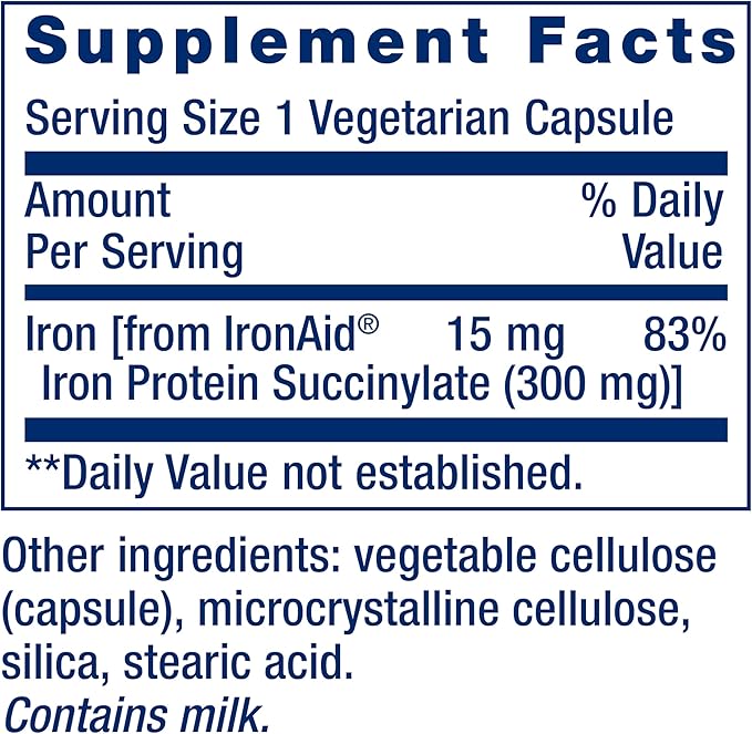 Life Extension Iron Protein Plus, Iron Protein succinylate, absorbable Iron Supplement for Whole-Body Health, Non-GMO, Gluten-Free, Vegetarian, 100 Capsules
