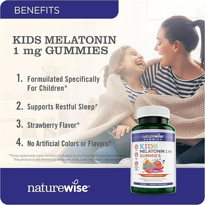 Naturewise Kids Melatonin Gummies 1 mg - Drug-Free, Non-Habit Forming Sleep Aid for Children Ages 4 & Up - Strawberry Flavored Gummy Bears - Vegan, Gluten Free, Non-GMO - 60 Count[2-Month Supply]