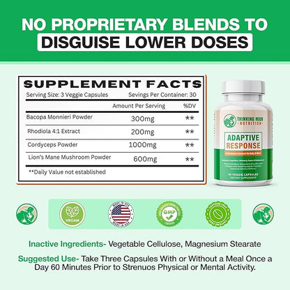 Adaptive Response I Brain Supplements For Memory and Focus I Energy Support Herbal Supplements with Lion's Mane, Cordyceps, Rhodiola Rosea Extract and Bacopa Monnieri I Nootropic I 90 count
