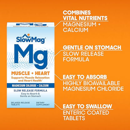 SlowMag Muscle + Heart Magnesium Chloride with Calcium Supplement to Support Muscle Relaxation, Occasional Muscle Cramping & Heart Health, High Absorption, 120 Count