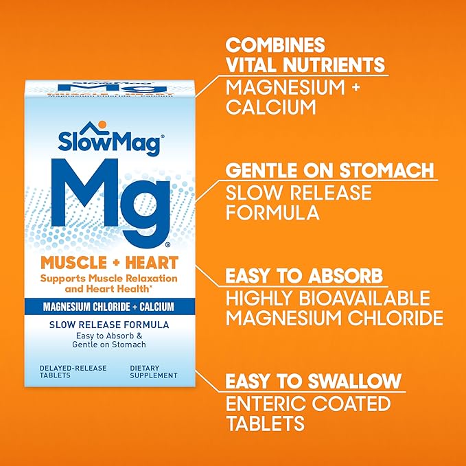 SlowMag Muscle + Heart Magnesium Chloride with Calcium Supplement to Support Muscle Relaxation, Occasional Muscle Cramping & Heart Health, High Absorption, 60 Count