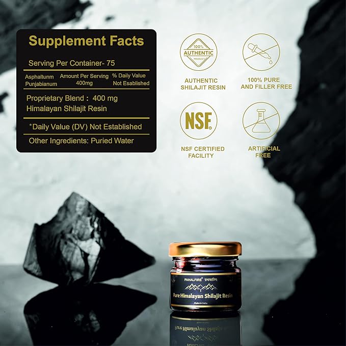 Shilajit Pure Himalayan Resin Gold Grade 400mg Pr Serving 100 Days Supply Wild harvested in India with Lab Test Report Fulvic Acid 85 Trace Minerals 40gm
