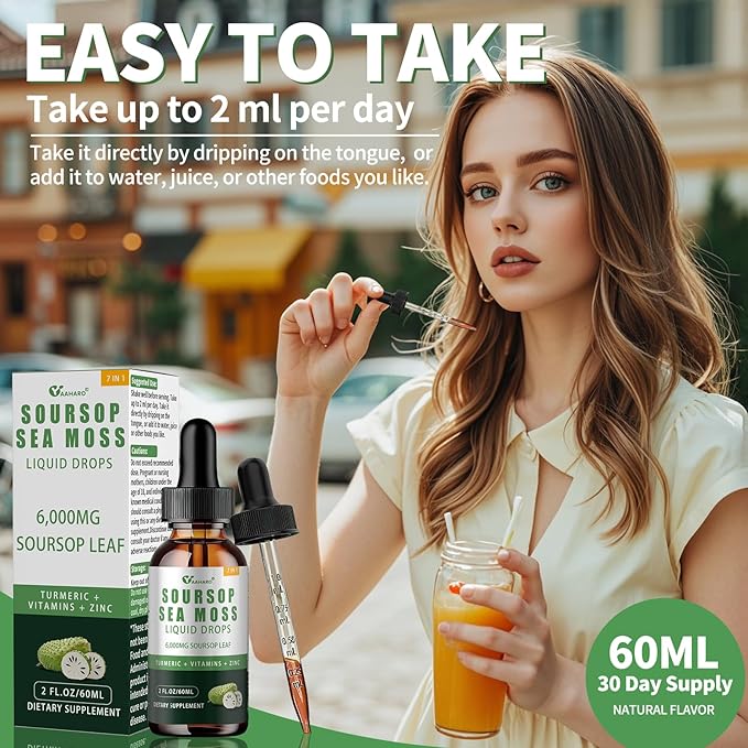 Soursop Graviola Liquid Drops - Organic Soursop Leave Extract with Sea Moss, Vitamin B6&C and Zinc - Soursop Bitters Liquid for Immune Boost, Relax and Sleep - Vegan, Non-GMO, Gluten Free - 2 Fl Oz