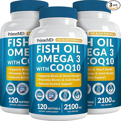 5-in-1 Fish Oil Omega 3 Fatty Supplements (2100mg) - Omega 3 Fish Oil with Vitamins D3 K2 and CoQ10 - Lemon Flavored (120 softgels, Pack of 3)
