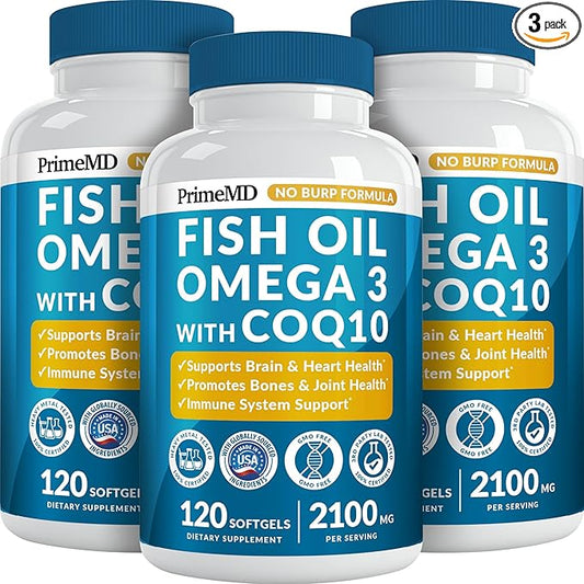 5-in-1 Fish Oil Omega 3 Fatty Supplements (2100mg) - Omega 3 Fish Oil with Vitamins D3 K2 and CoQ10 - Lemon Flavored (120 softgels, Pack of 3)