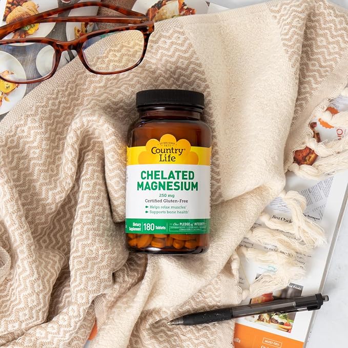 Country Life Chelated Magnesium 250mg - Supports Heart, Bone & Muscle Health, Vegan-Friendly Magnesium Supplement with Magnesium Oxide and Amino Acid Chelate, Gluten-Free