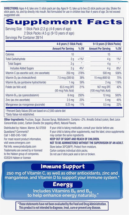 Emergen-C Kidz Immune Plus Crystals, On-The-Go Immune Support Supplement with Vitamin C, Vitamin D, B Vitamins, Zinc and Manganese, Tropical Punch - 28 Stick Packs