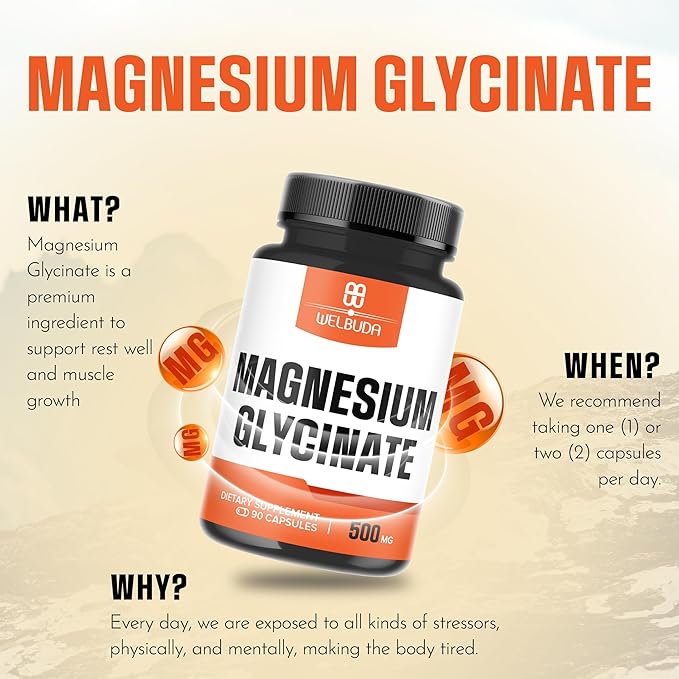 Magnesium Glycinate Supplement with 20% Purified - 500mg for Brain Health, Bone Health, Energy Production, Comfortable Mood & Muscle - 90 Capsules - Providing 100mg Elemental Magnesium