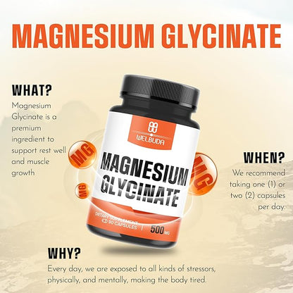 Magnesium Glycinate Supplement with 20% Purified - 500mg for Brain Health, Bone Health, Energy Production, Comfortable Mood & Muscle - 90 Capsules - Providing 100mg Elemental Magnesium