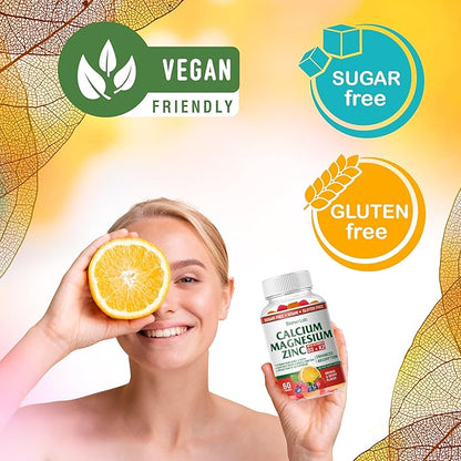 Calcium Magnesium Zinc Gummies with Vitamin D3 & K2 - High Potency Enhanced Absorption - Orange and Berry Flavored