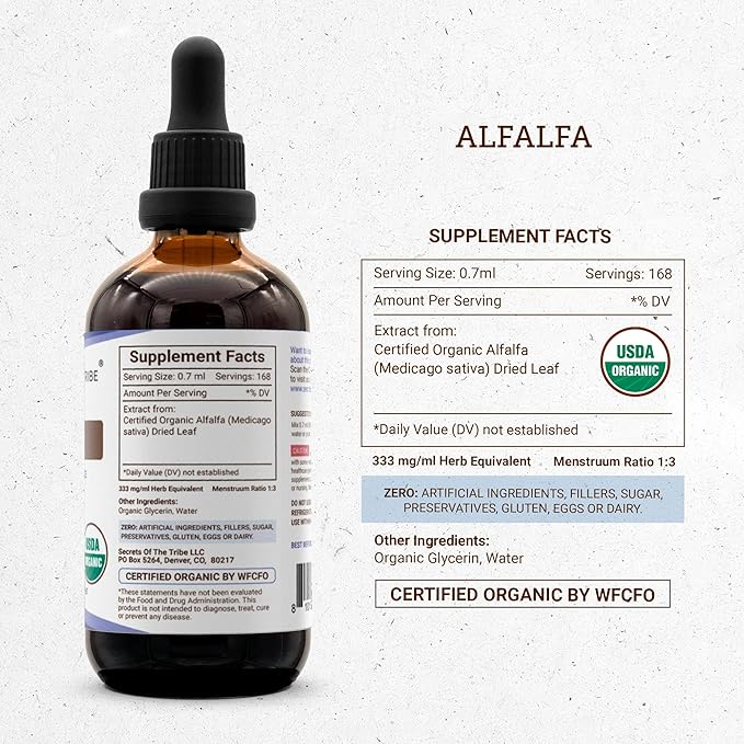 Secrets of the Tribe Alfalfa USDA Organic | Alcohol-Free Extract, High-Potency Herbal Drops | Made from 100% Certified Organic Alfalfa Dried Leaf (4 oz)