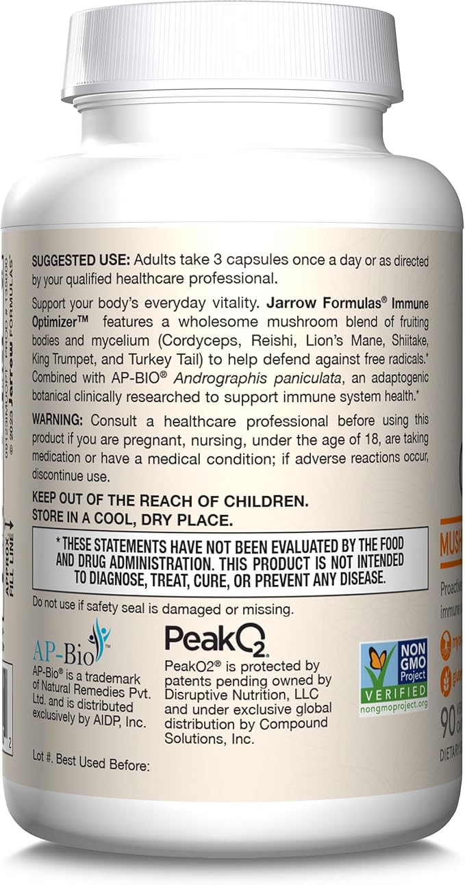 Jarrow Formulas Immune Optimizer with Cordyceps, Reishi, Lion’s Mane, Shiitake, King Trumpet, and Turkey Tail Mushrooms, Dietary Supplement with Andrographis Extract, 90 Veggie Capsules, 30 Day Supply
