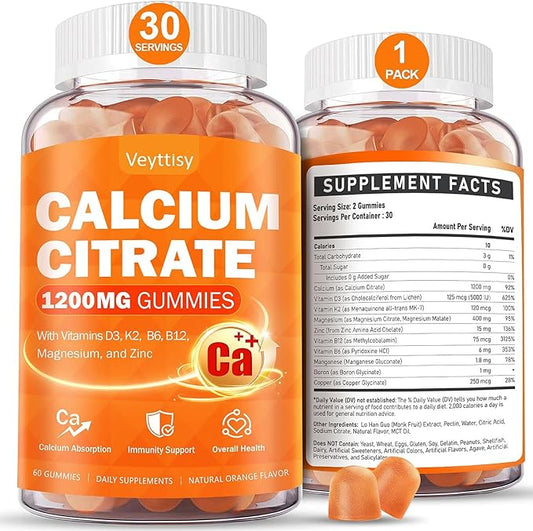 Calcium 1200 mg with Vitamin D3 Supplement for Adults - Calcium Gummies with 5000iu Vitamin D3, K2, B6, B12, Magnesium & Zinc - Calcium Supplement for Women Men - Easy to Digest, Vegan